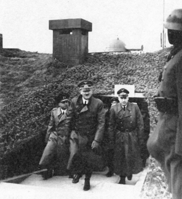 Adolf Hitler inspects a bunker with Friedrich-Wilhelm Fleischer and Fritz Todt in La Sence, France